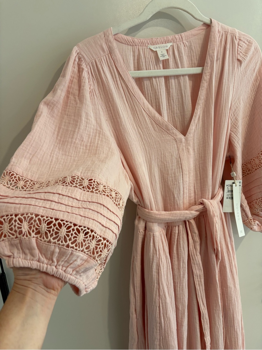 NWT Blush Pink Maxi Dress Puff Sleeve Boho Cottagecore Peasant Crochet Tie Waist - Picture 6 of 14